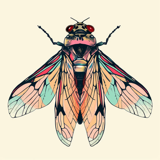 Whimsical tattoo sketch of a cicada with pastel colors