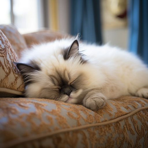 Himalayan cat snoozing on a couch