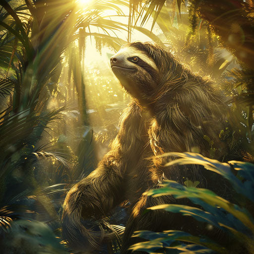 Giant sloth in a sunlit jungle with soft lighting