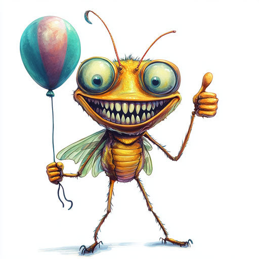 Humorous caricature of a firefly clipart with human characteristics, exaggerated teeth, thin arms, holding a balloon, vibrant colors, cartoon style, thumbs up, high resolution, no background, isolated