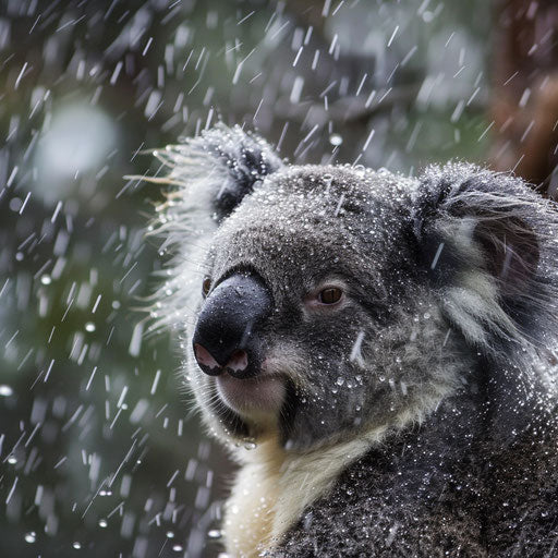 Rain-soaked koala, details of water droplets on fur, dramatic weather conditions