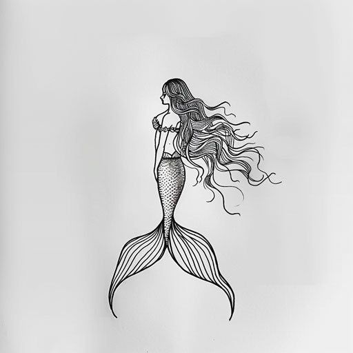 Elegant mermaid tattoo design in a minimalist black line art style