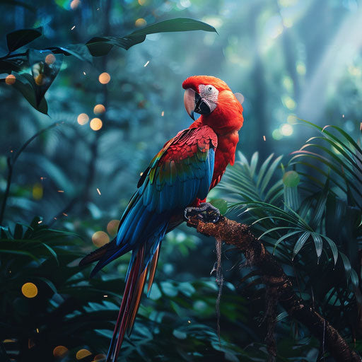 Colorful macaw in a whimsical tropical forest