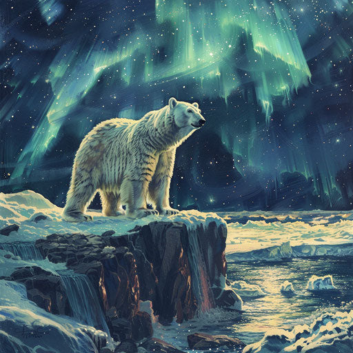 Majestic polar bear on snowy cliff gazing at icy ocean
