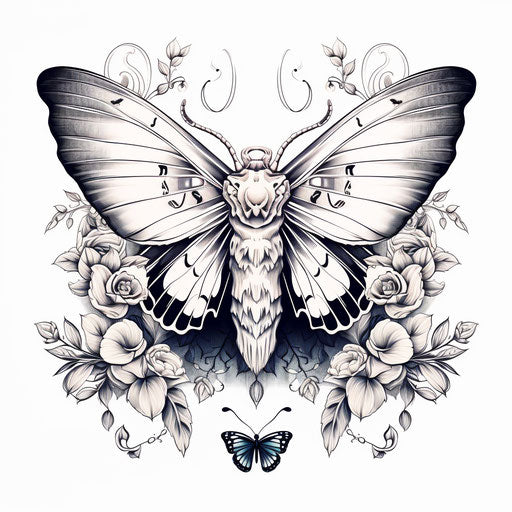 Black and white moth on white background, skull motif, bold design