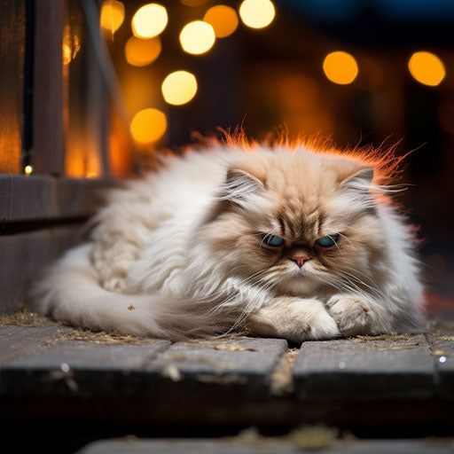 Himalayan cat laying outside at night