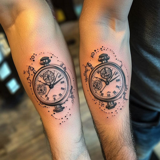Father son tattoos of matching clocks with different times, symbolizing life's journey, in the style of Steve Sack