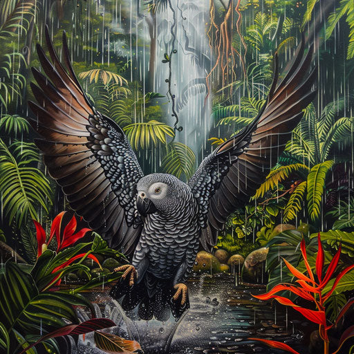 African grey parrot dancing in tropical rain
