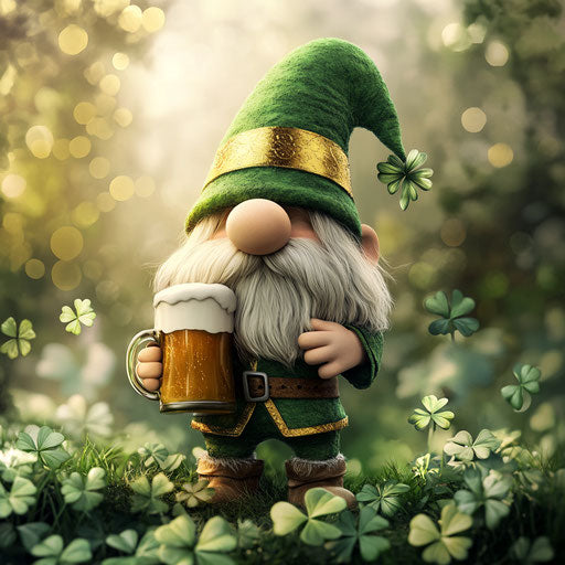 St Patrick's Day, cute gnome in green holding beer