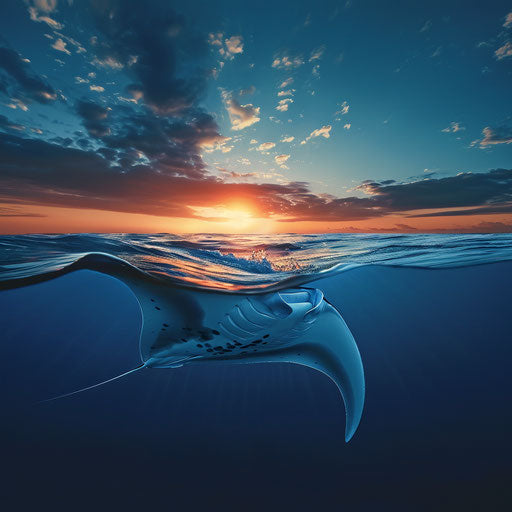 Manta ray gracefully swimming in the ocean at sunset