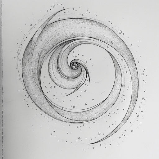 Flat tattoo sketch of a single line forming a spiral galaxy design