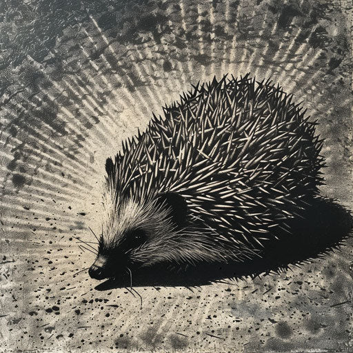 Hedgehog sunbathing, spines casting intricate shadows