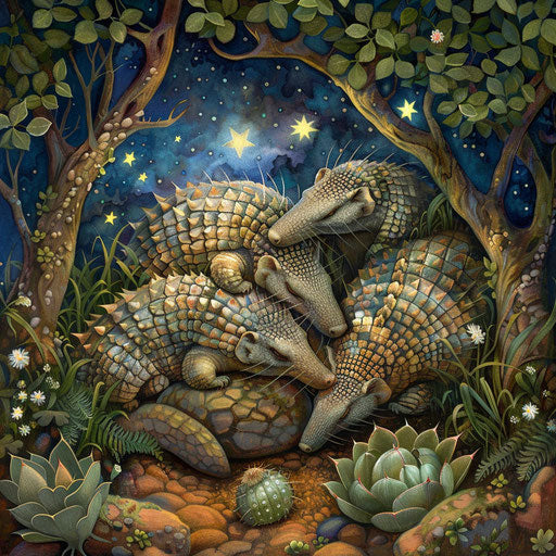 Armadillo family cozy in burrow under starlit sky