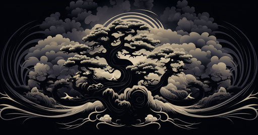 Design of black clouds, tree, dragons, clouds, Japanese zen style
