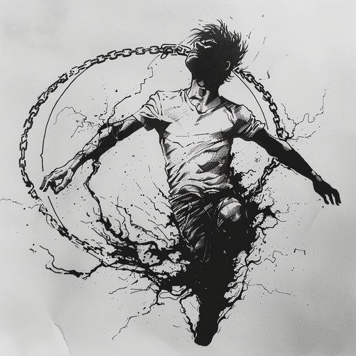 Dynamic flat tattoo sketch of a soul breaking free from earthly chains