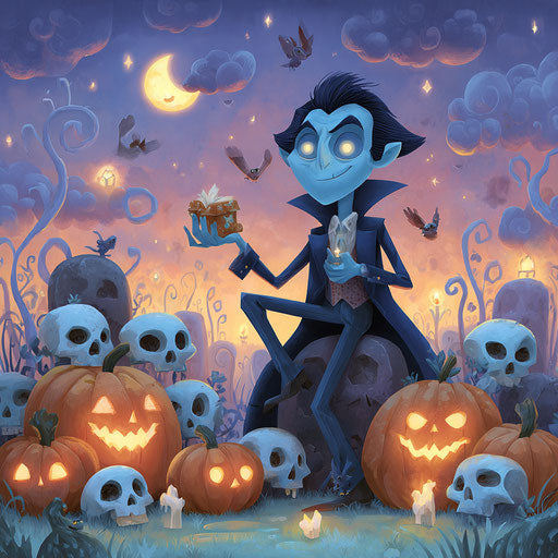 Playful Halloween Scene with Vampire and Jack-o'-Lanterns