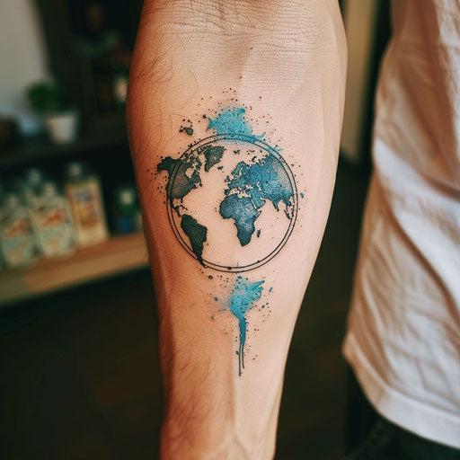 Artistic flat tattoo sketch of a watercolor globe, soft blues and greens, clipart style
