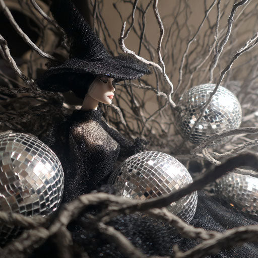 Decorative branches and shiny spheres behind a doll