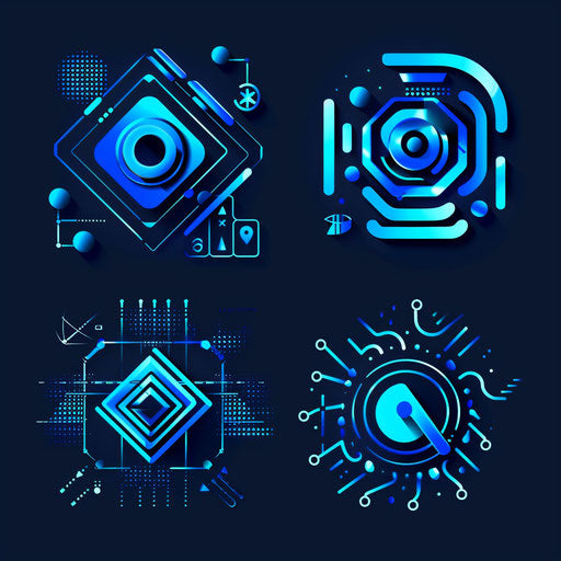 Logos with digital elements and bright blue colors