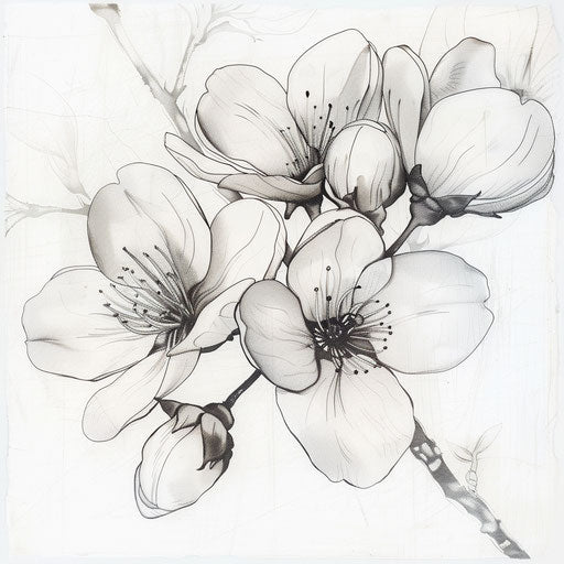 Elegant cherry blossoms in line art with subtle ink wash effects on white