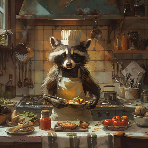 A raccoon chef preparing gourmet dishes