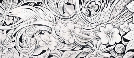 Black and white drawing of a polynesian pattern, birds & flowers style