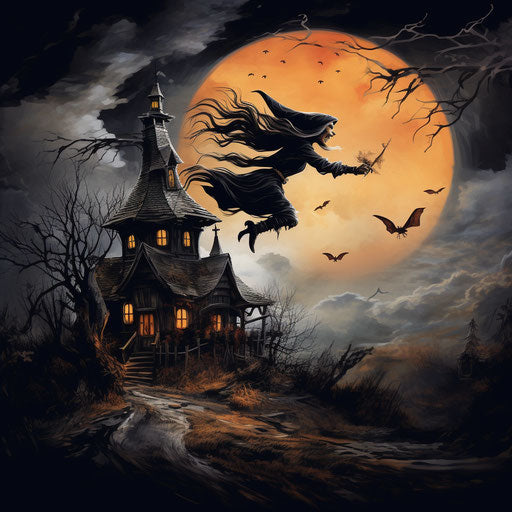Witch on a broom flying in front of the moon and a scary house