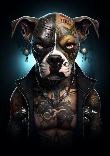 Tattooed cartoon boxer dog, caricature style
