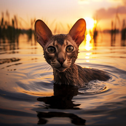 Oriental shorthair cat swimming in a lake by the shore