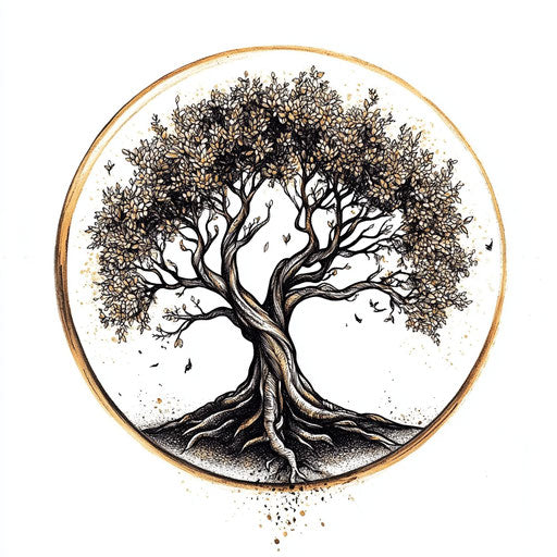 Flat tattoo sketch in clipart style showcasing a tree of life in earth tones on a clean white backdrop