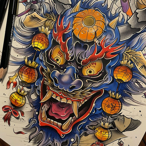 Dynamic sketch of a Japanese demon at a traditional festival