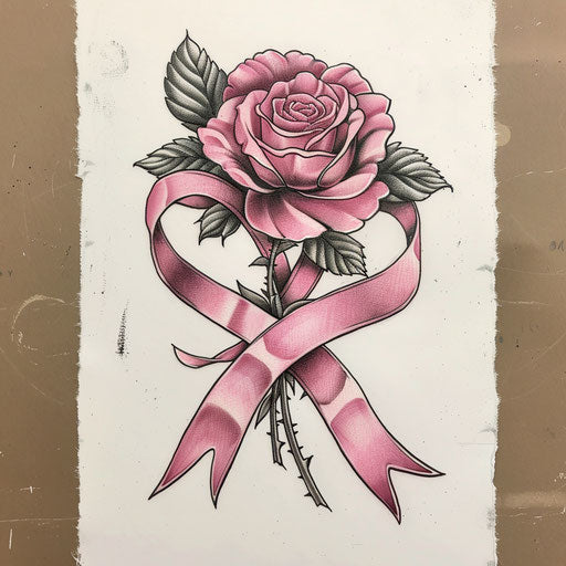 Pink ribbon intertwined with rose on white canvas