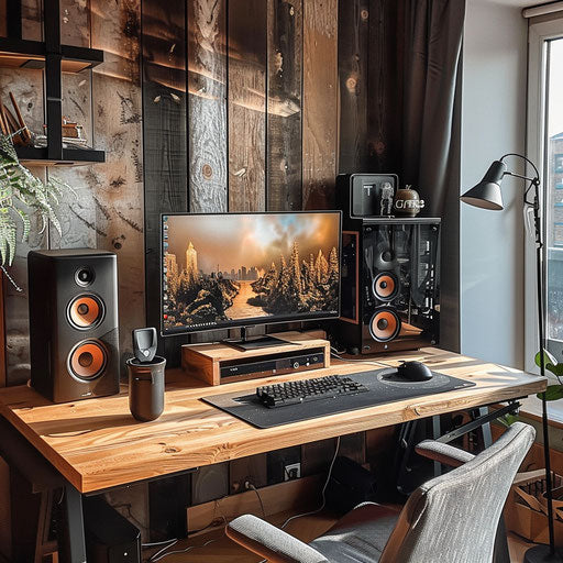 Stylish home office with large desk and ergonomic accessories