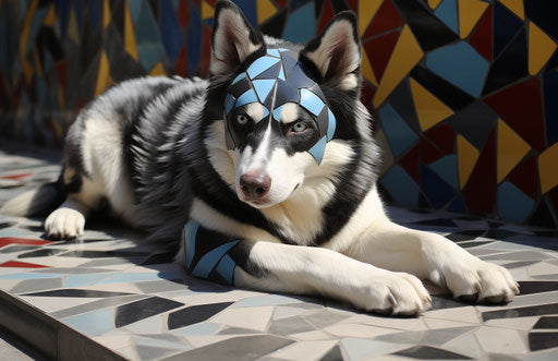White and black husky dog laying on the steps