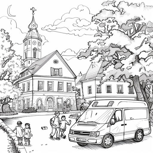 Ambulance in front of school, children learning first aid