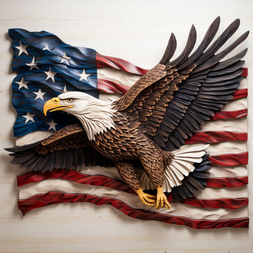 American bald eagle in flight on a wooden wall with American flag and blue sky