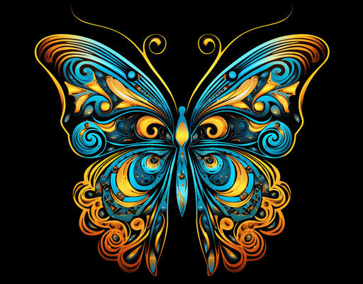 Blue and yellow butterfly tattoo design in dayak style
