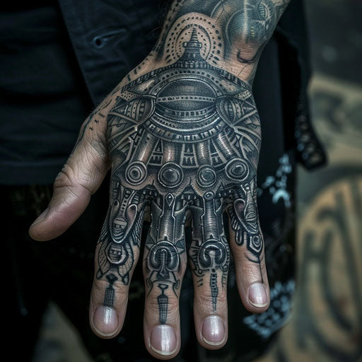 Men's finger tattoos in the style of J.P. Targete with futuristic, surreal designs