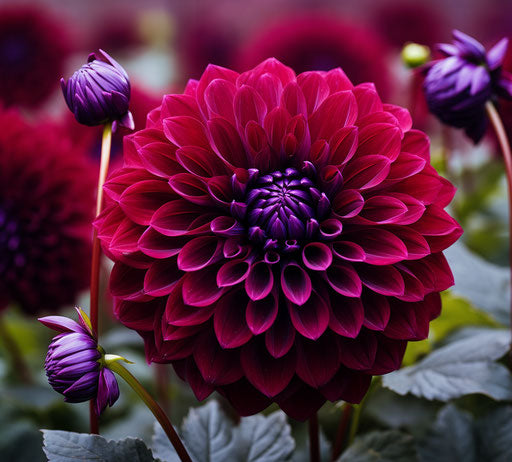 Purple dahlia flower in a garden, dark red and dark maroon style
