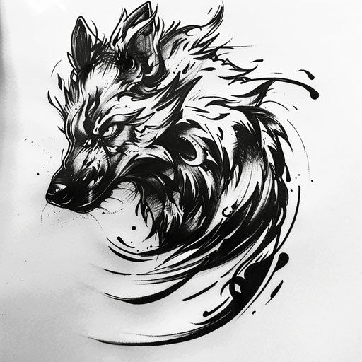 Dynamic flat tattoo sketch of an obsidian wolf in tribal style