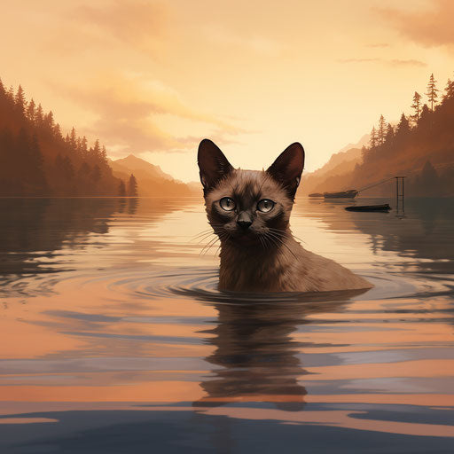 Burmese cat swimming in a lake by the shore