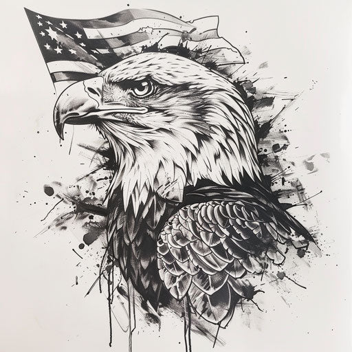 Sketch of a bold eagle and flag military tattoo, symbols of freedom, on a white canvas, ready for inking.
