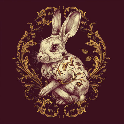 Baroque tattoo sketch of a bunny with gold filigree on burgundy