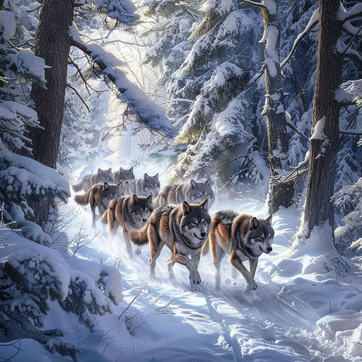 Pack of wolves hunting together in a snow-blanketed forest