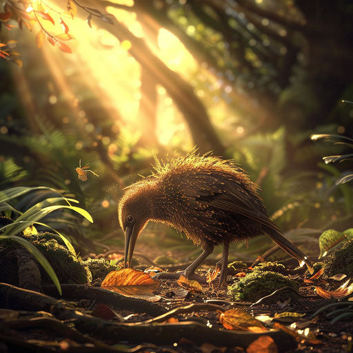Kiwi bird exploring sunlit clearing