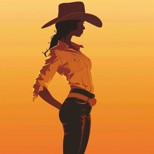 Realistic cowgirl illustration on sunset orange background