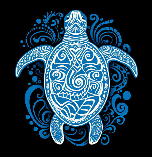 Blue turtle with multiple tribal designs