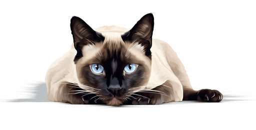 Siamese cat on white background, dark beige and blue style
