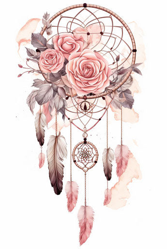 Dream catcher tattoo with flowers and feathers, pictorial fabric style