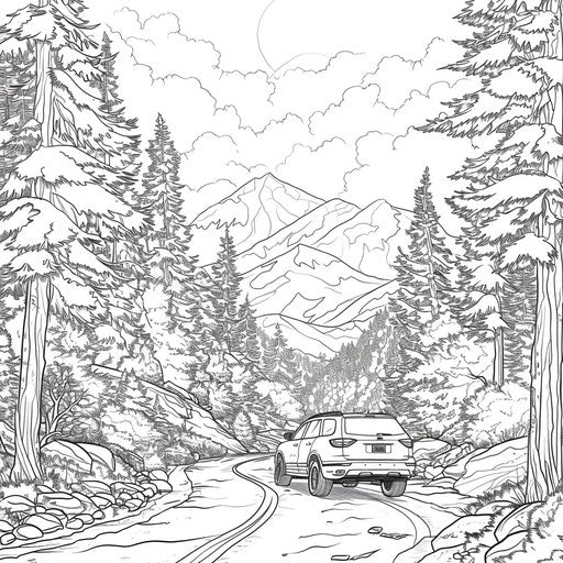 Car in mountain landscape with tall trees